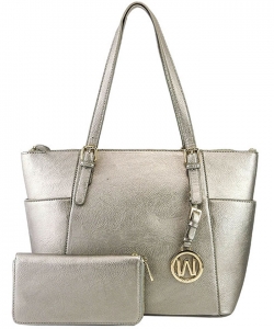 Fashion Faux Handbag with Matching Wallet Set WU1009W PEWTER